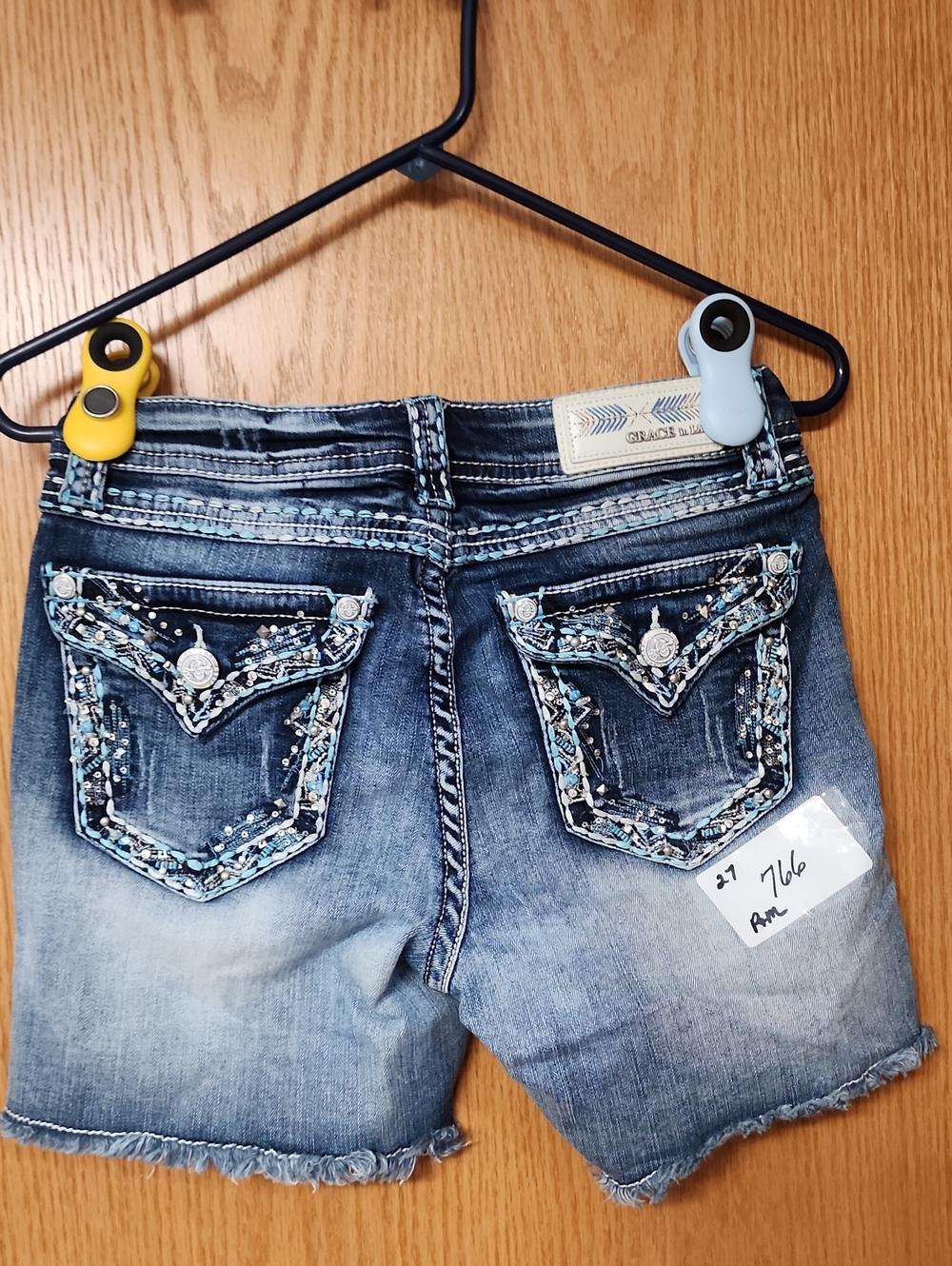 Grace in LA Denim Embellished Ankle Shorts in Faded Blue 27 number 766